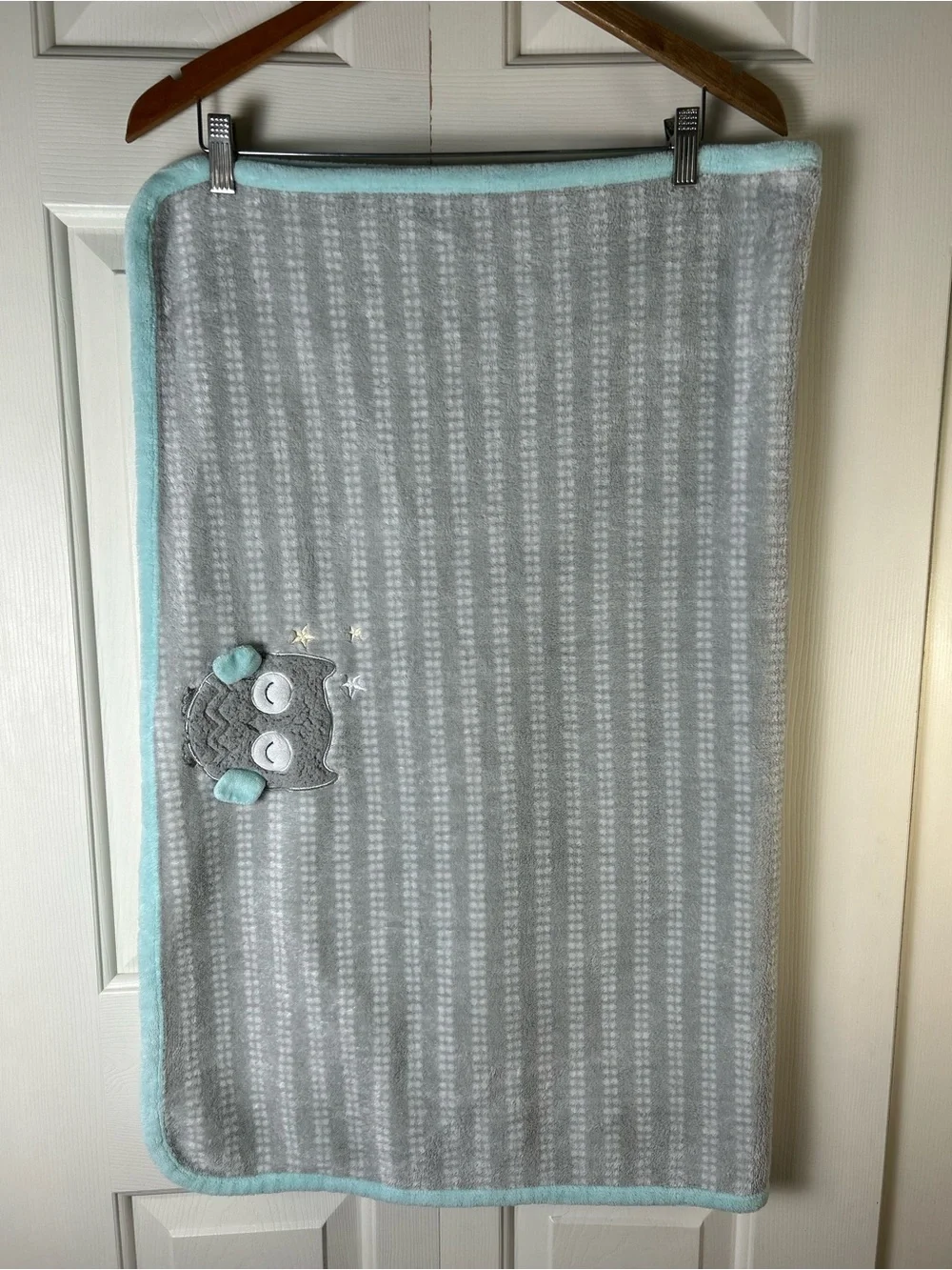 Parent's Choice Gray Sleeping Owl Baby Blanket Aqua Blue White Stripes Stars